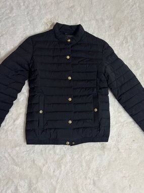 Moose Knuckles Black Quilted Puffer Jacket with Gold Buttons